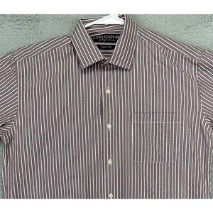 John Lennon Dress Shirt Mens Medium 15 32-33 Maroon Striped Button Up Easy‎ Care